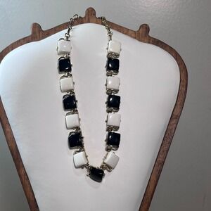 Vtg Coro Pegasus Black White Chiclet Necklace Gold Tone Mod 16 Inch Signed
